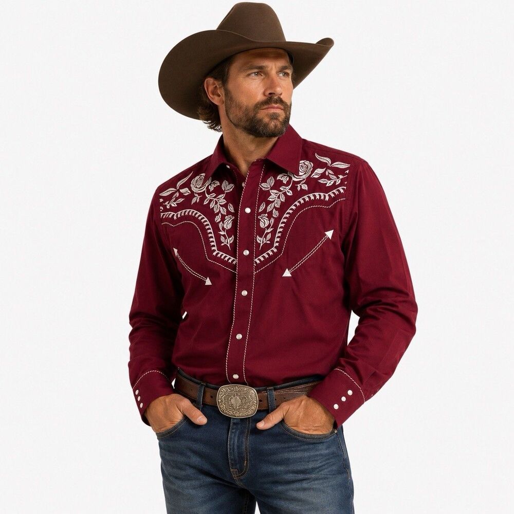 Salvaje Oeste Western Shirt Men Size S Burgundy Pearl Snap Rose Embroidered